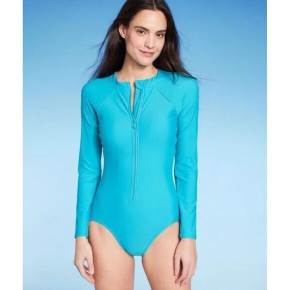 NWT Kona Sol Medium Blue long Sleeve Rash Guard High Coverage One Piece Swimsuit - Picture 1 of 2